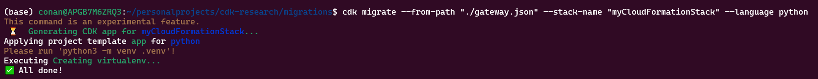 Example of cdk migrate command in the CLI